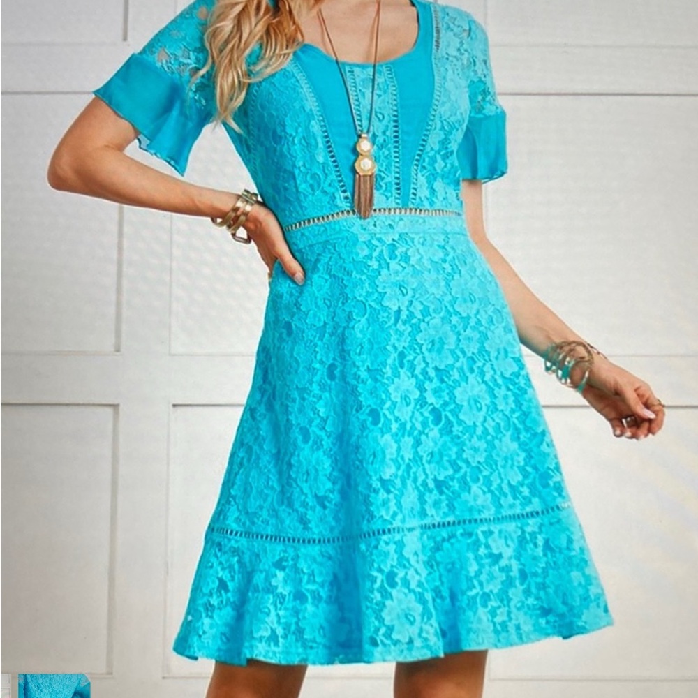 Suzanne Betro Turquoise Lace Midi Dress